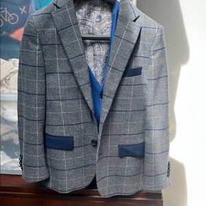 Boys Gray Checkered Blazer vest and blue pants with Blue Accents